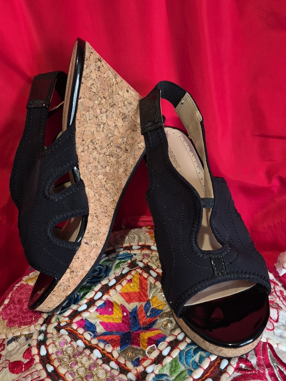 ADRIENNE VITTADINI-Black Cork Wedge Slingback Heels - Women's